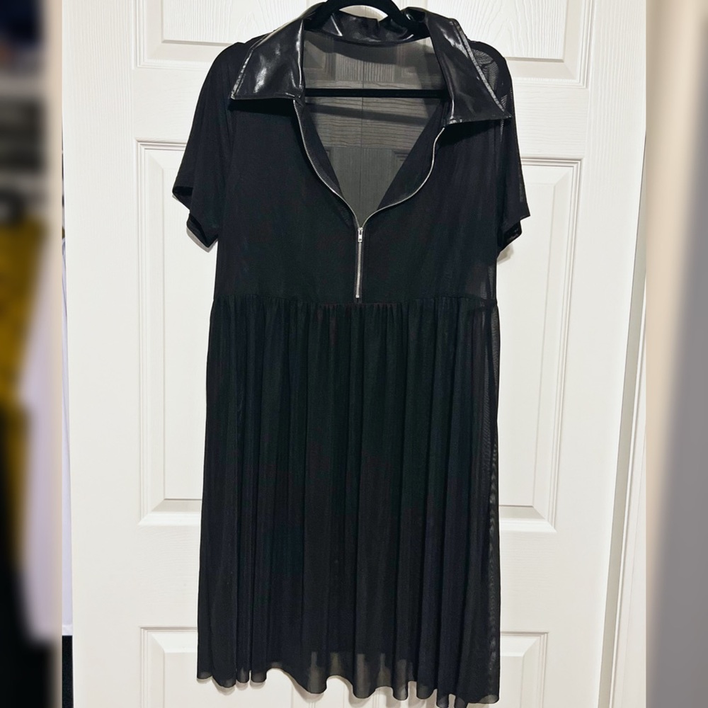 Black mesh dress with faux leather collar 2XL